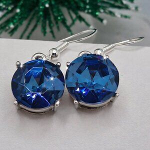 Blue Gemstone Drop Earrings w/925 Sterling Silver Hooks Solitaire Round Dangle